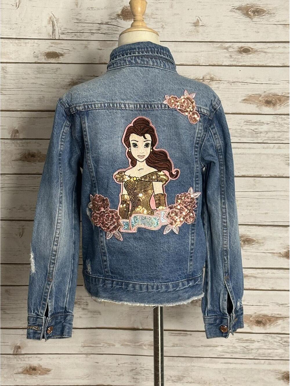 Disney distressed jean jacket Size 7/8 denim medium wash sequin embroidered - Picture 3 of 9